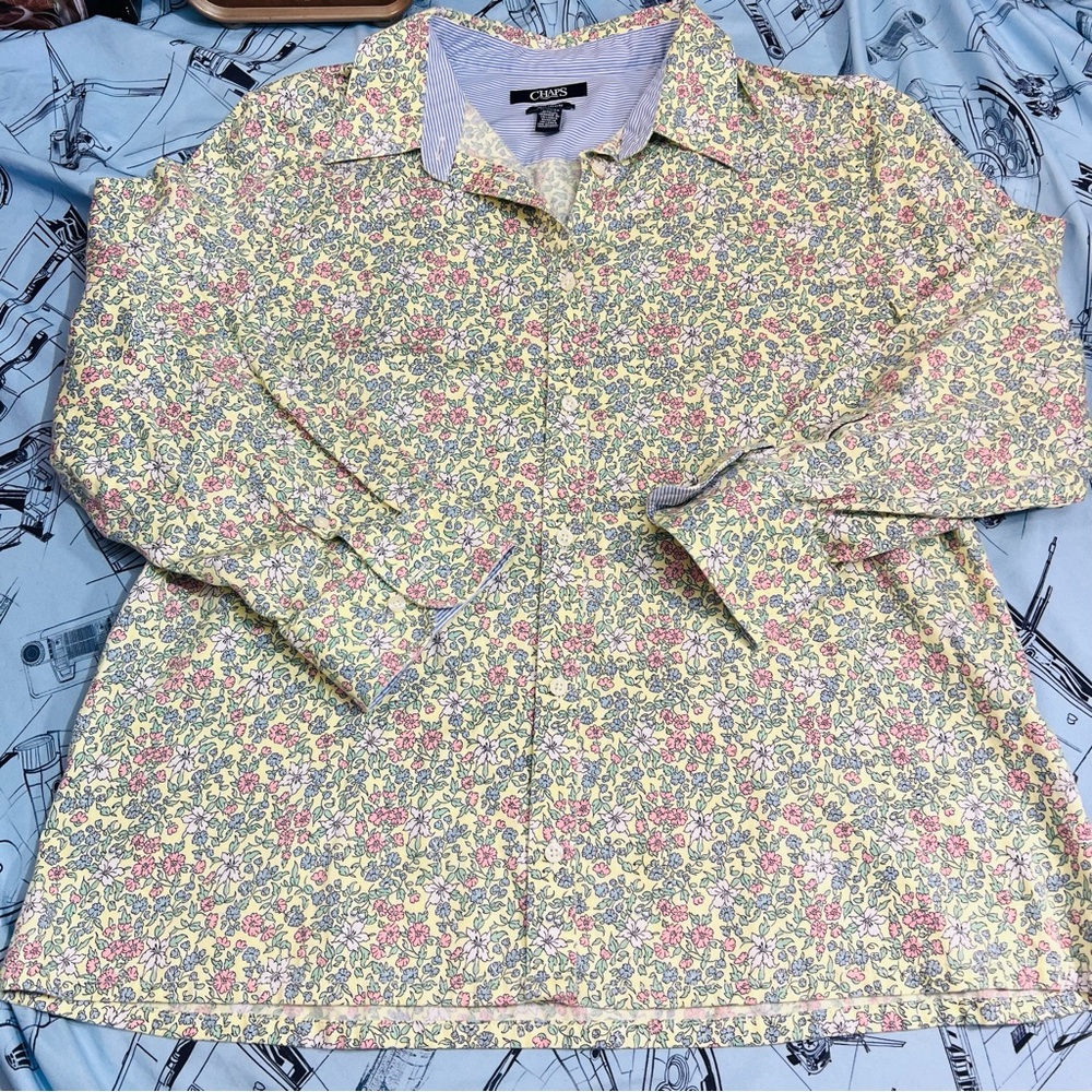 Chaps Yelllow Cream Floral Button-Down Shirt - Picture 10 of 10